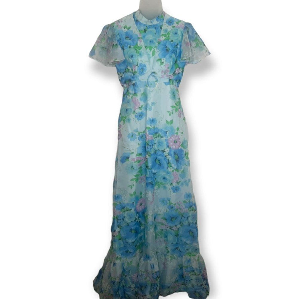 Vintage 1970s Chiffon Blue Floral 2 Piece Dress Set size 9
